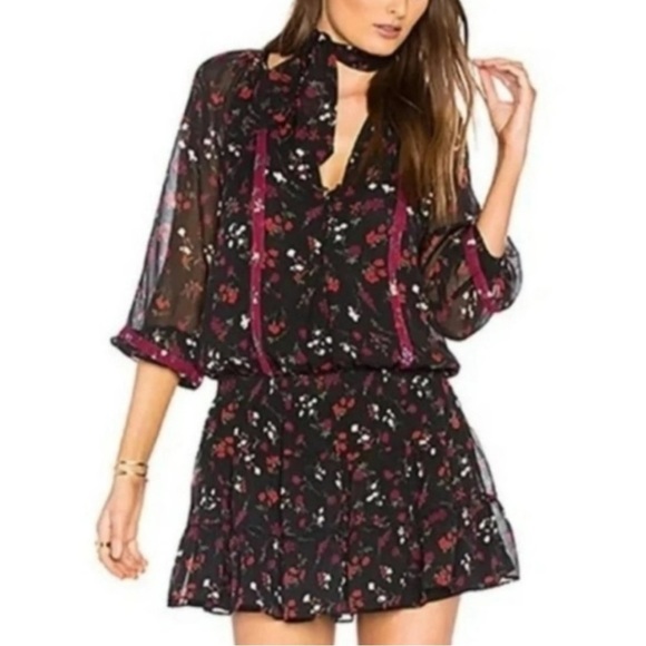 Joie Grover Silk Mini Long Sleeve Dress in Caviar & Dubonnet - Picture 2 of 11